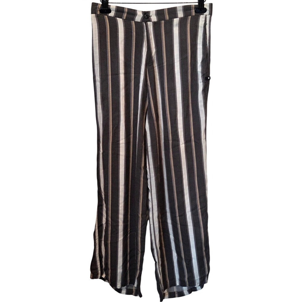 Hurley Womens Striped Wide Leg Pants Charcoal Gray White Tan Rayon Resort Size L